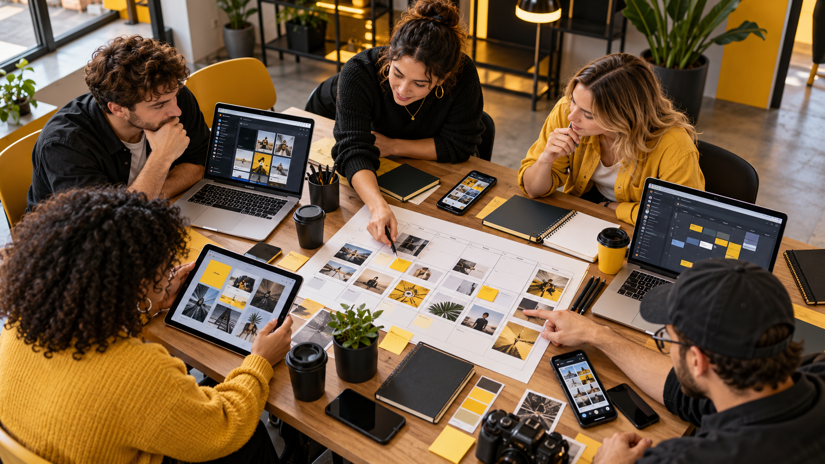 Equipo preparando un calendario de contenidos digitales