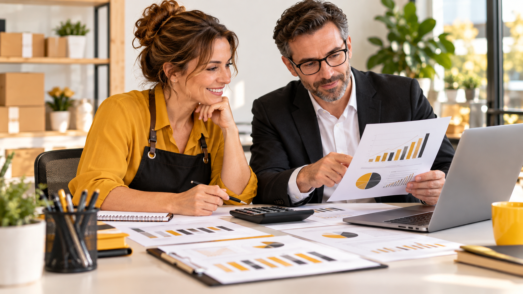 Emprendedora revisando información financiera de su negocio