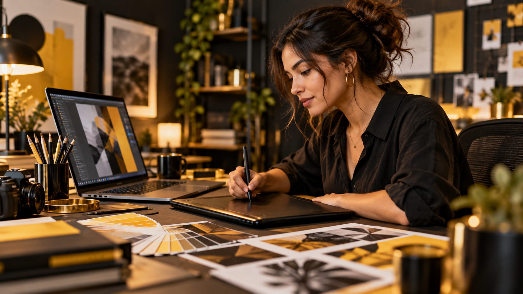 Diseñadora gráfica trabajando con una tableta digital