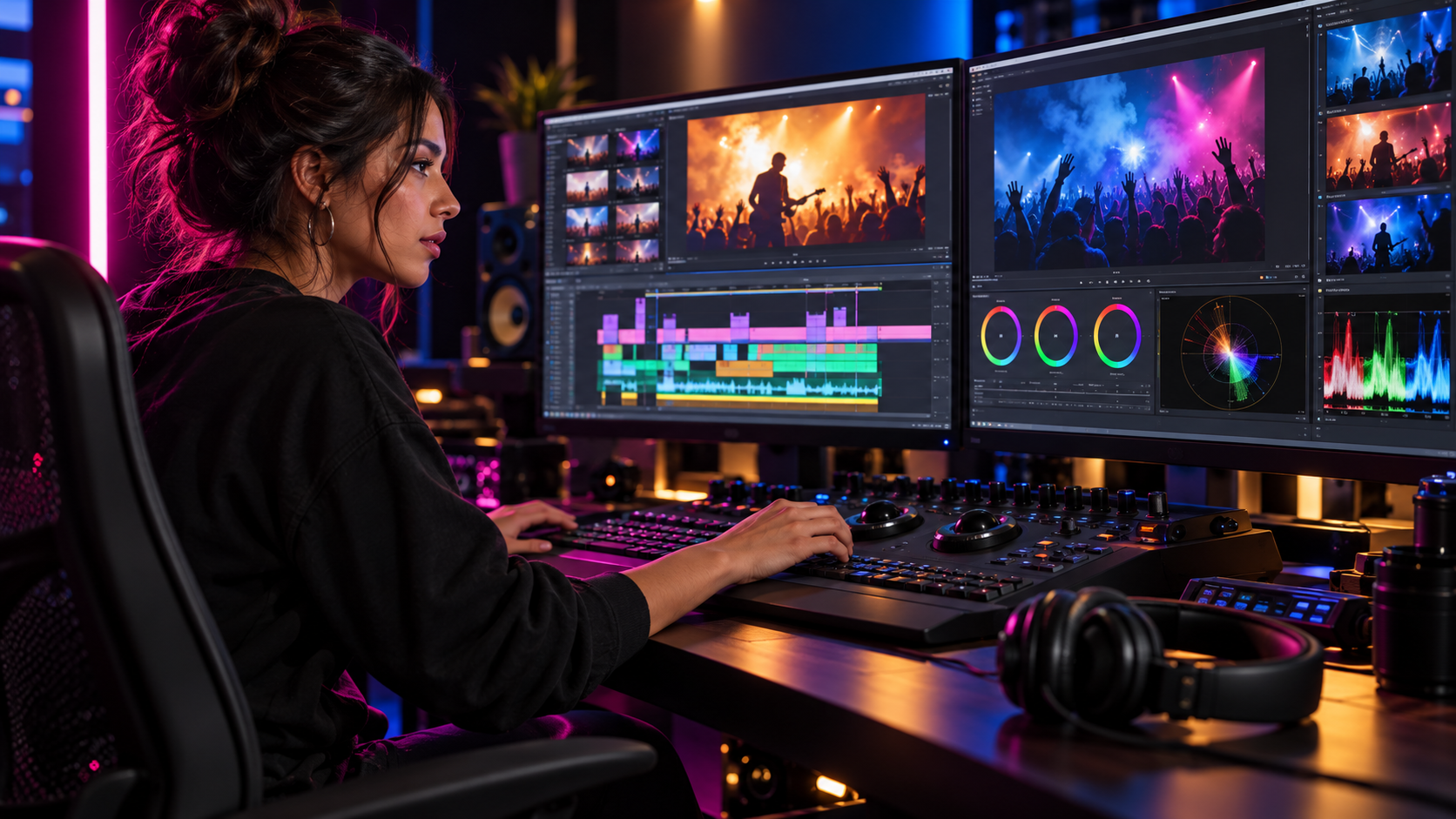 Editora trabajando con video y contenido multimedia