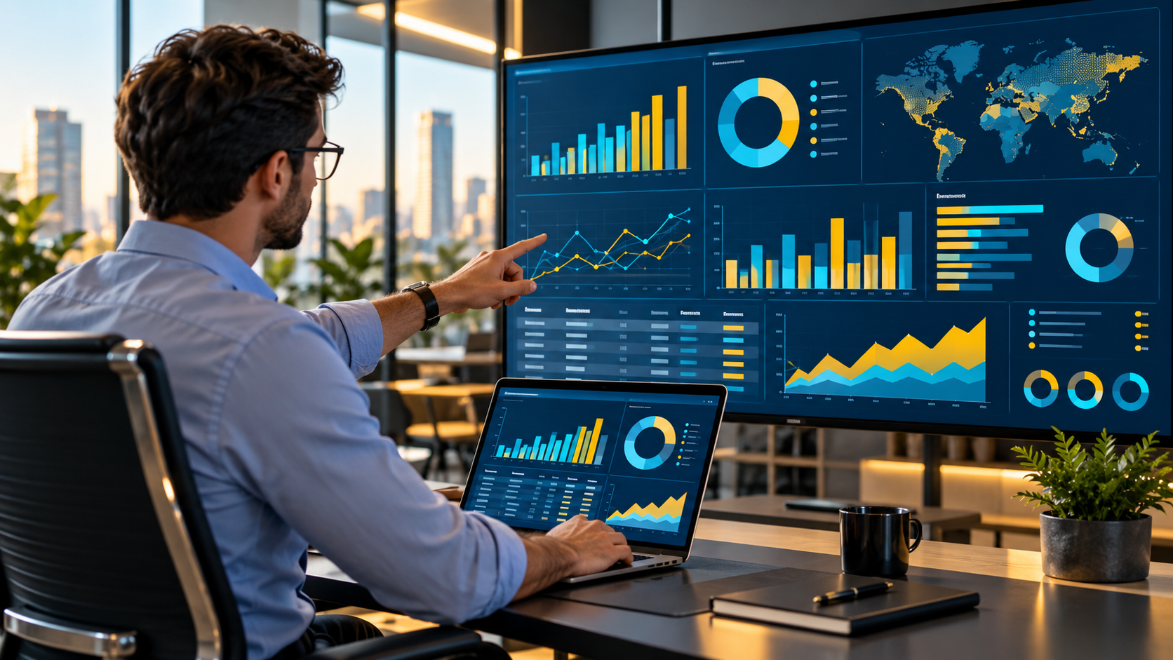 Analista trabajando con paneles de inteligencia de negocios